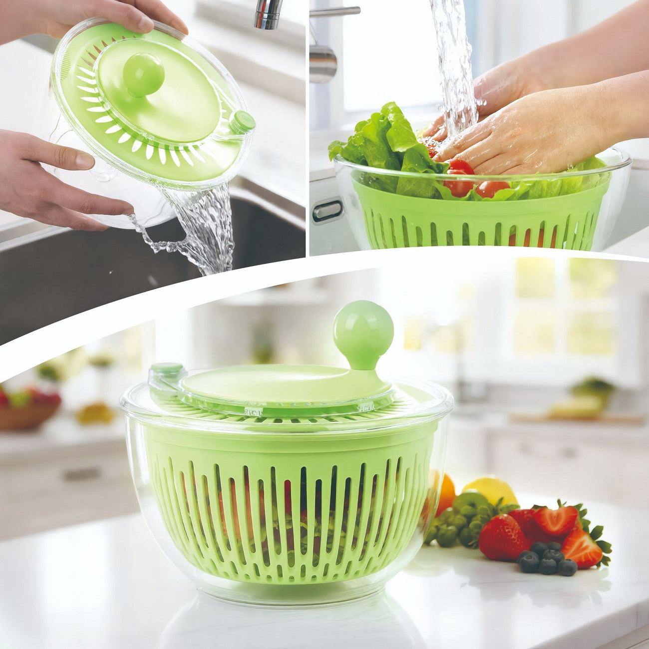 3-in-1 Salad Spinner & Vegetable Dryer, Multi-Function Kitchen Tool with Slicer & Shredder, Quick Press Salad Washer and Spinner, BPA-Free Colander for Greens, Fruits & Veggies
