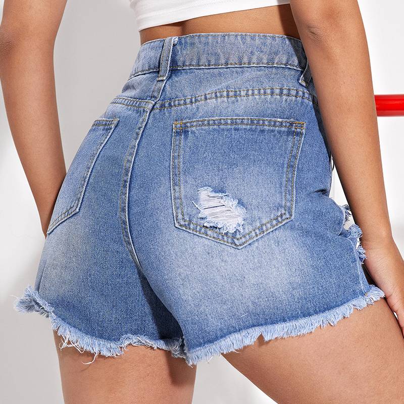 CL893-1 Women's Casual Denim Shorts Frayed Raw Hem Ripped Jeans Shorts