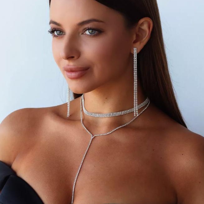 Super flash long tassel necklace, women's earrings, light luxury neck chain two-piece set, fashionable and versatile temperament, collarbone chain set, chain