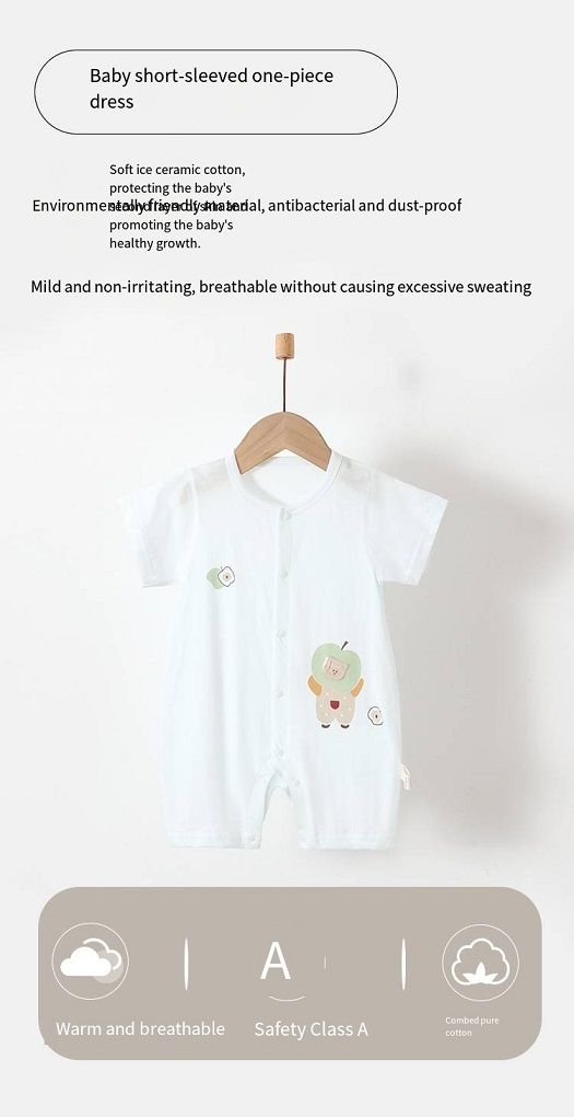 Baby Summer Ice Ceramic Cotton Romper, Short Sleeve No Bone Stitching Onesie, Breathable Infant Jumpsuit with Apple Bear Print, 66-80cm