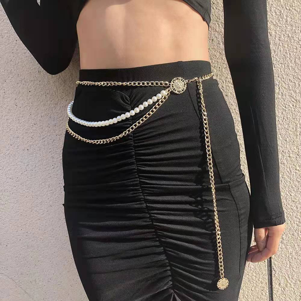 X312 Women's Vintage Simple Multi Layered Chain Body Chain Pearl Waist Chain