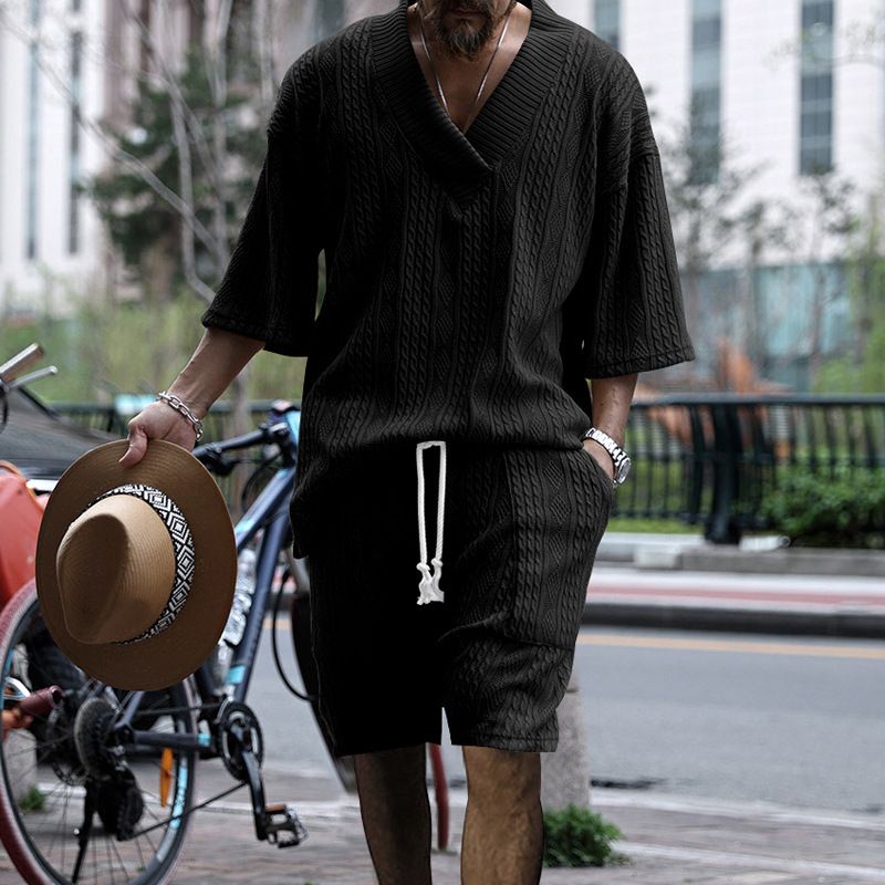 New European American Casual Loose Seven Quarter Sleeve Jacquard Knitted Sweater Top Shorts Men's Clothing Sets Two-Piece Outfits