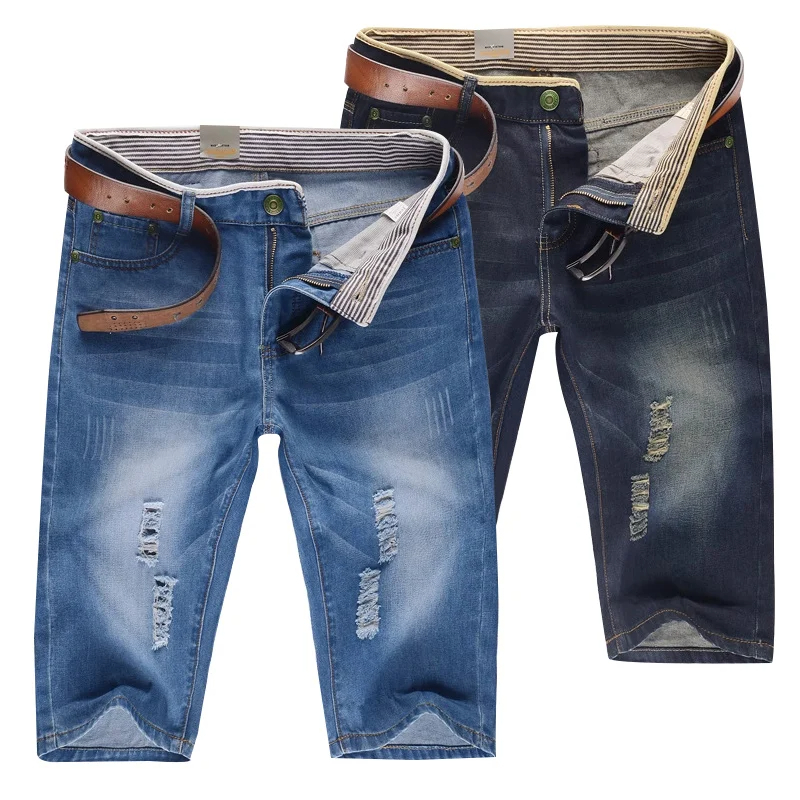 087# 28-38 New Summer Men's Personalized Washable Perforated Denim Pants Large Casual Middle Pants