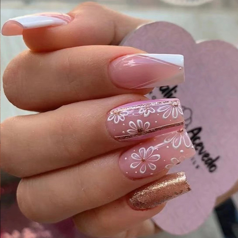 JP1743 24 Pcs Glossy Press on Nails, Medium Coffin Small Flower Line Gold Glitter Fake Nails, Acrylics Full Cover False Nails for Women and Girls
