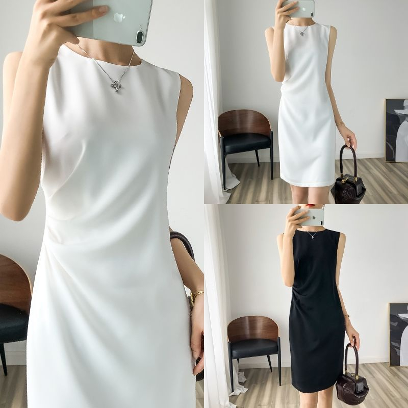 1078 Ladies Fashion Temperament Casual Pleated Sleeveless Solid Color Straight Dress