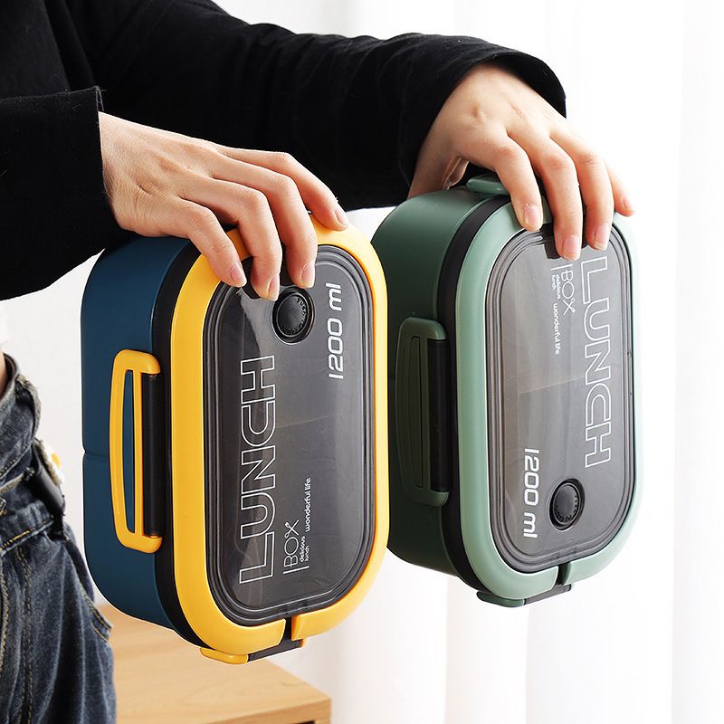 1200ml Leakproof Double Layer Lunch Box, Microwave Safe Divided Bento Box with Cutlery, Portable Food Container for Office & School Meals
