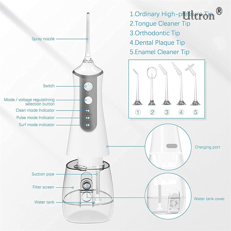 Ultron Portable Oral Irrigator Water Flosser Dental Water Jet Tools Pick Cleaning Teeth 300ML 5 Nozzles Mouth Washing Machine Floss