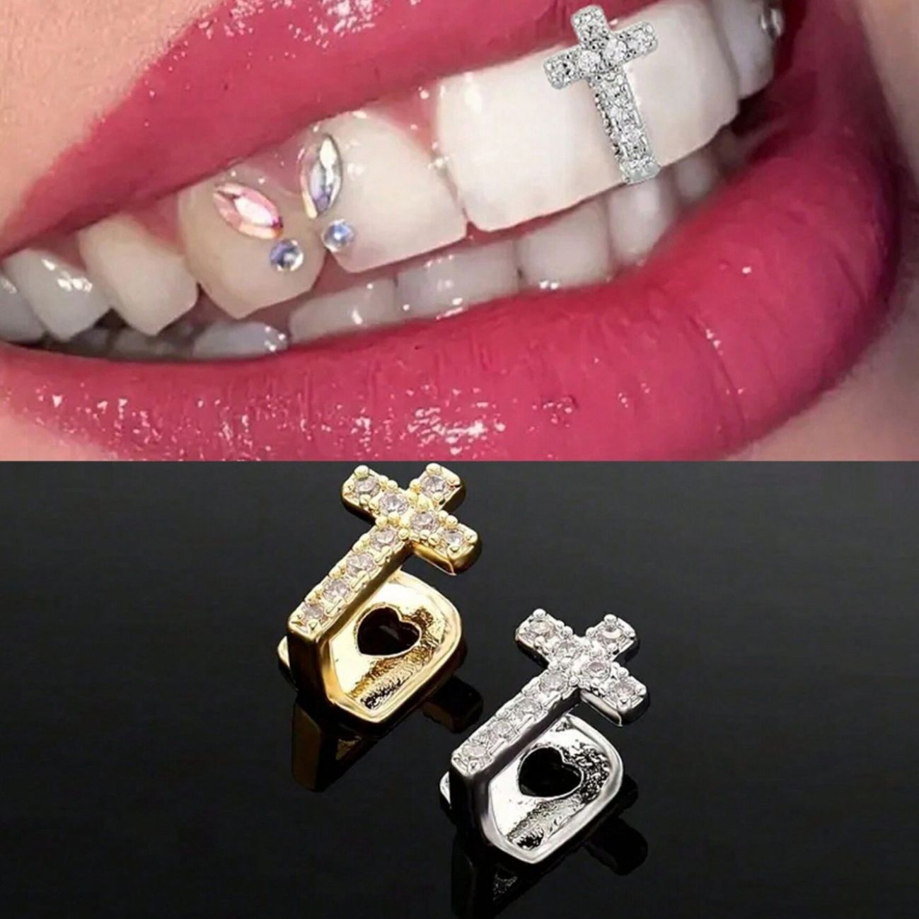 Cross copper micro-inlaid zircon single hip-hop braces teeth grillz teeth decoration trendy tooth decoration hip-hop teeth grillz tooth grillz