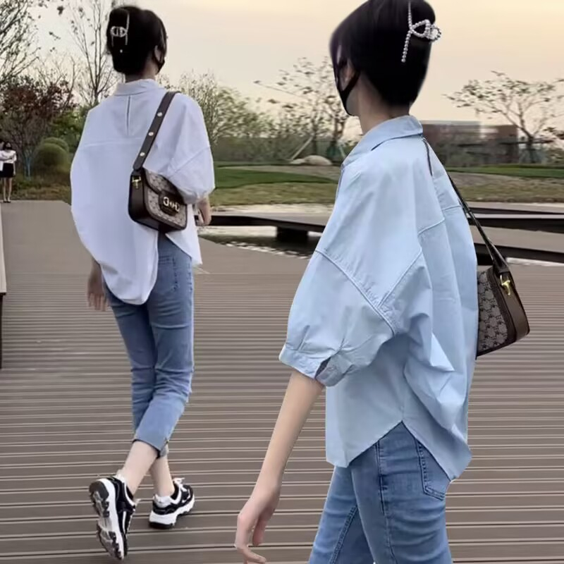 MA1144---1805AI Women's Fashion Mid-Sleeve Thin Solid Color Shirt,Loose Casual Sunscreen Shirt