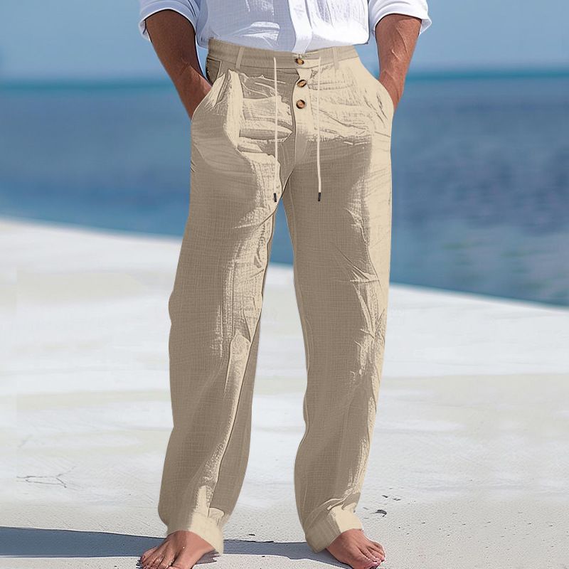Men's Bottoms Pants Casual American Men's Cotton Linen Pants Button Decoration Drawstring Summer Beach Pants Straight Tube Solid Color Breathable Pantskhaki