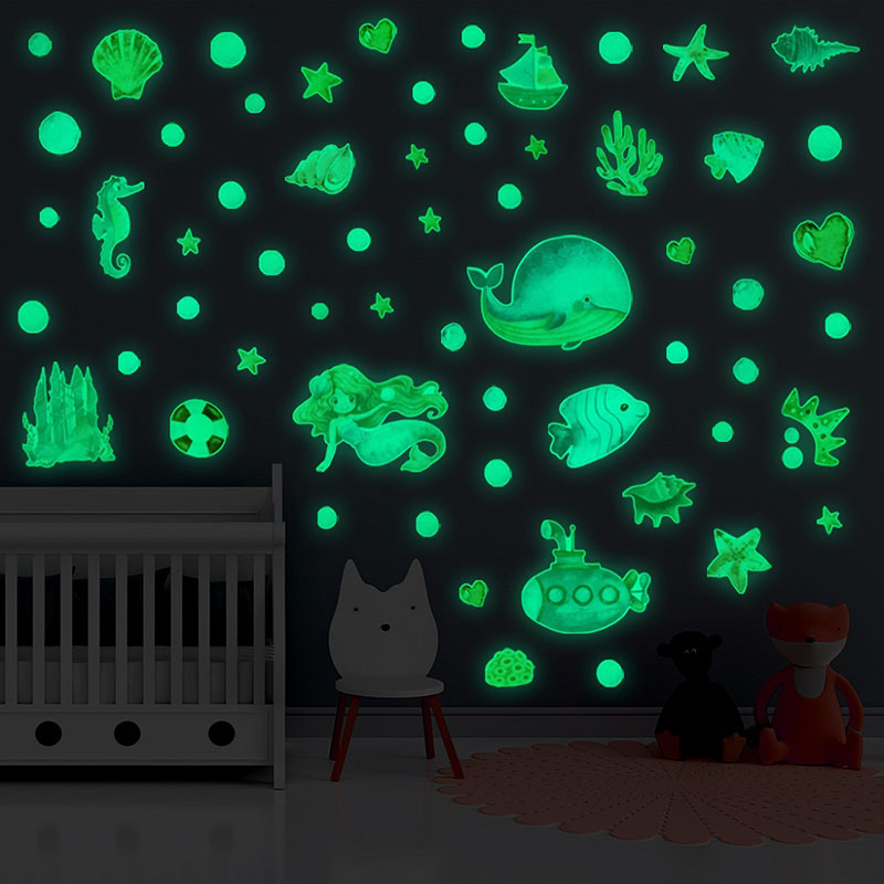 AFG3512 Glow in The Dark Sea Wall Decal Stickers Fish Glow Wall Stickers Ocean Wall Decals Removable Glowing Sticker Fluorescent Starfish Shell Waterproof Peel and Stick for Kids Bedroom Decor