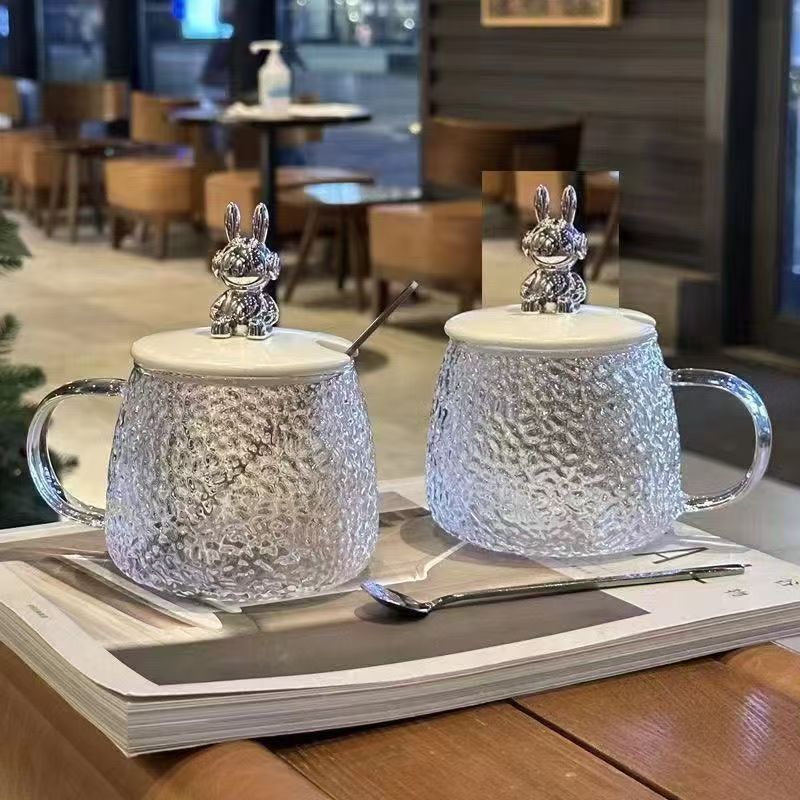 "Hammer Texture Meets Cute Bear! Glass Water Cup with Spoon, Start Your Delicate Drinking Time"
