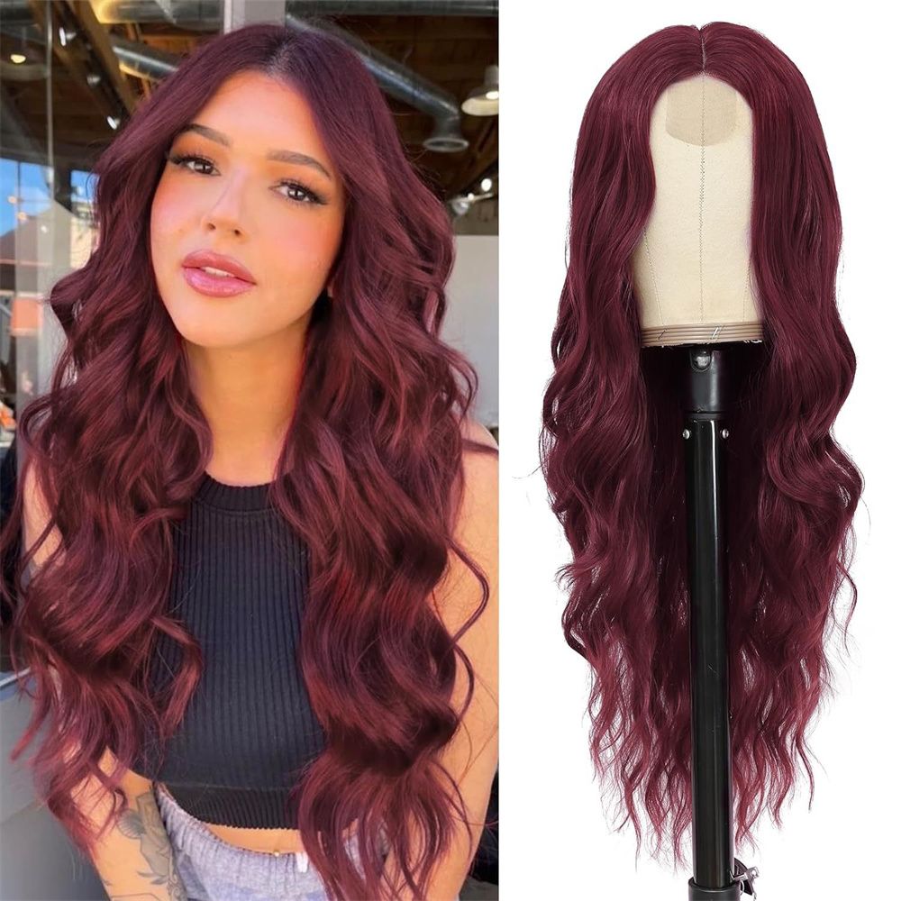 Ladies wine red long curly hair forehead lace parting big wave 2396