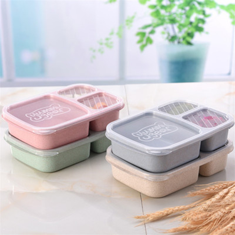 1011 900ml Wheat Straw 3-tiles Portable Tableware Food Lunch Box Food Storage Box Microwave Oven Travel School Picnic Lunch Box
