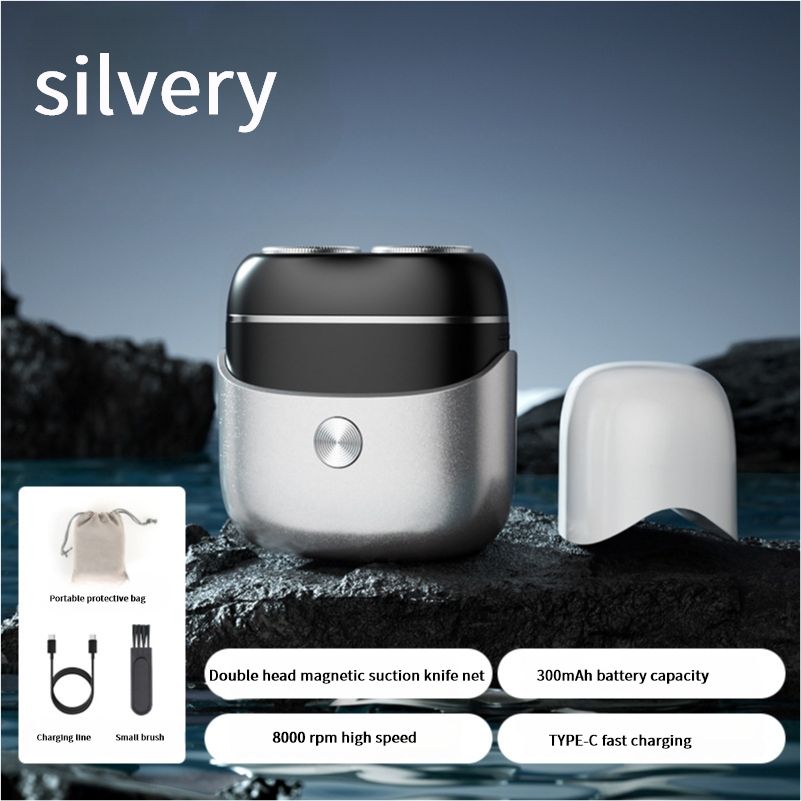 New mini electric shaver, fully washable with dual magnetic heads, suitable for home use and portable, men's facial hair trimmerSilve white