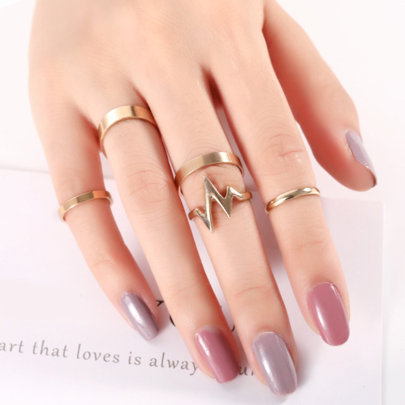 European and American new jewelry lightning ECG ring fashion suit alloy smooth 5-piece ring