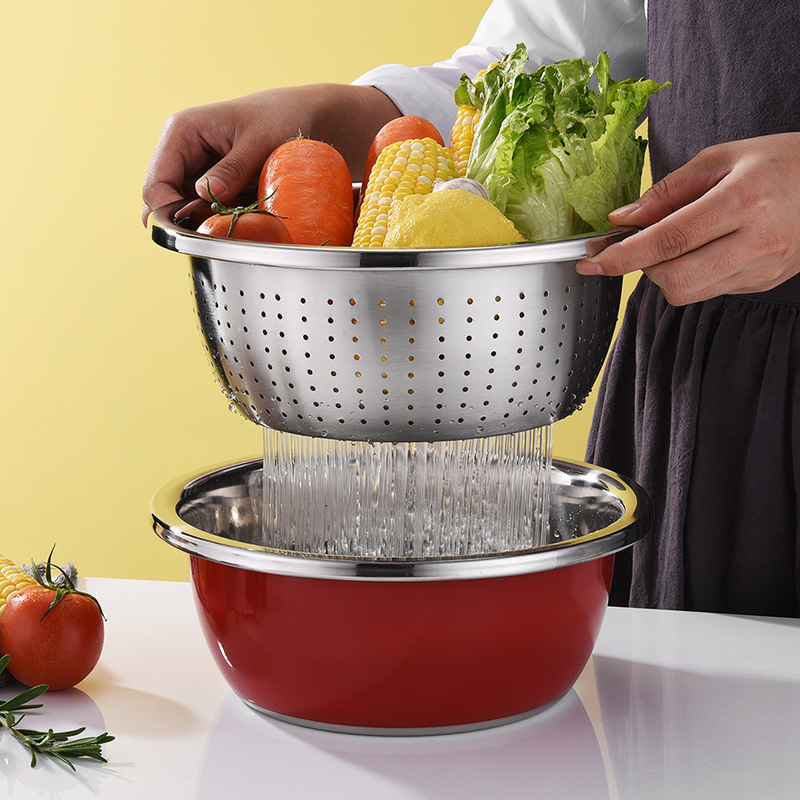 Multifunctional Stainless Steel Basin with Grater 3 in 1 Vegetable Cutter with Drain Basket 3PCS Vegetable Washing Bowl Set Strainer for Washing Vegetables (26cm)