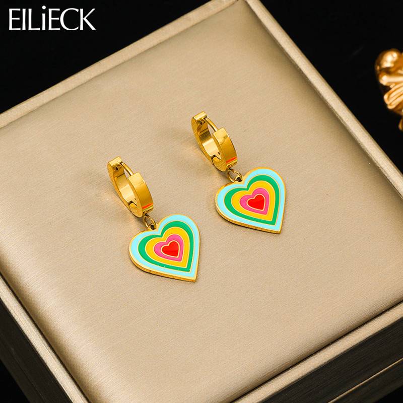CH995 Stainless Steel Cute Rainbow Heart Love Earrings For Women Girl New Fashion Ear Buckle Jewelry Gift