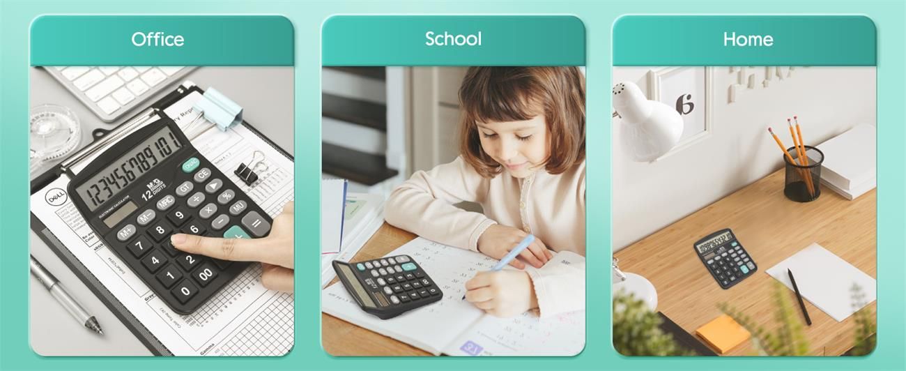 Desk Calculator 12 Digit Office Calculators with Large LCD Display, Dual Solar Power and Battery, Recessed Big Button Calculator for Office Home School (Black)