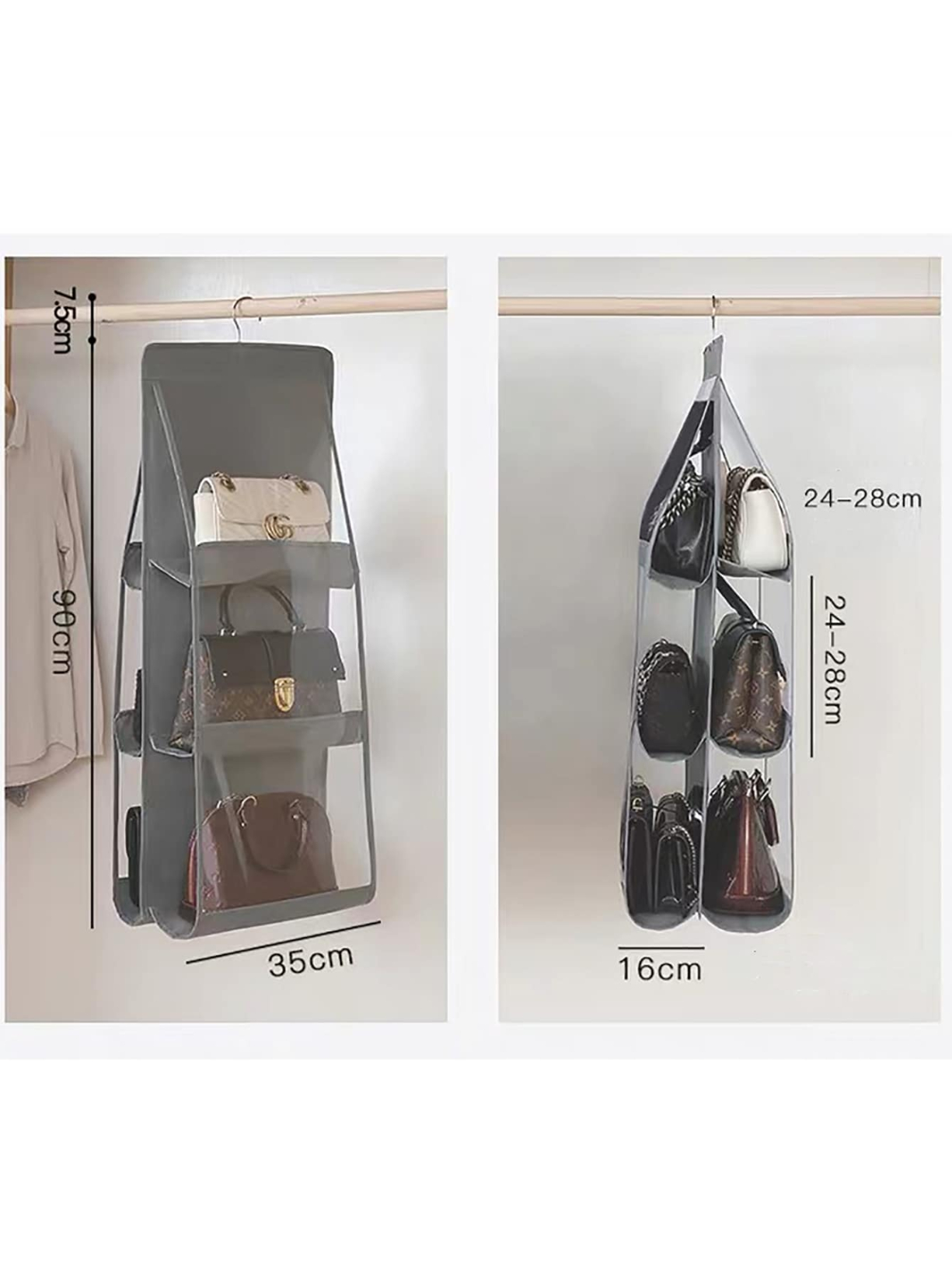 Hanging Handbag Organizer Dust-Proof Storage Holder Bag Wardrobe Closet for Purse Clutch with 6 Larger Pockets Grey
