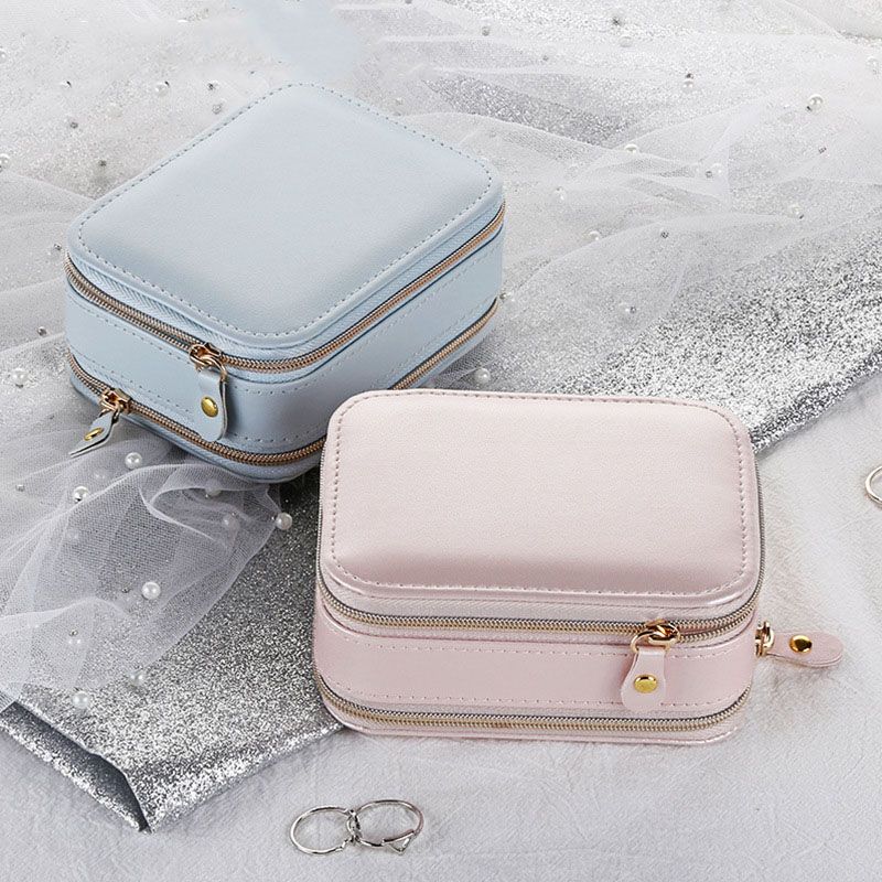 sp01167 Travel Portable Double Layers Zipper Pu Leather Square Mirror Jewelry Storage Box Ring Earring Necklace Organizer Jewelry Case