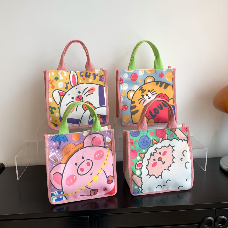 wj2418 Fashion New Student Lunch Bags Cartoon Rabbit Open Handbag Printed Canvas Tote Bag