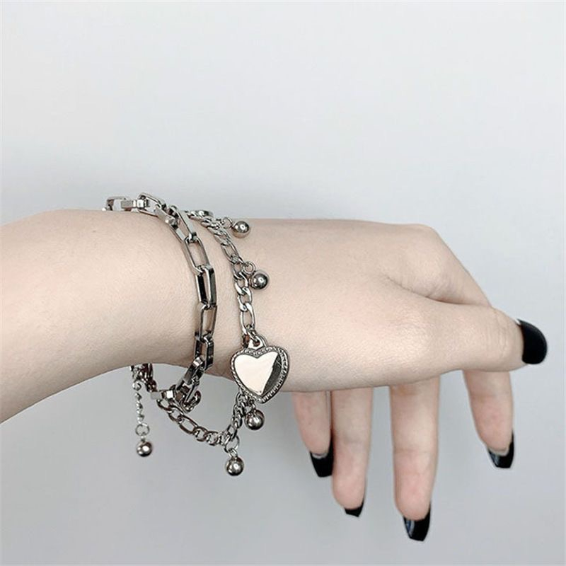S130 Women Heart Bracelets Bilayer Metal Chain Punk Pendant Jewelry Stainless Steel Accessories Gift