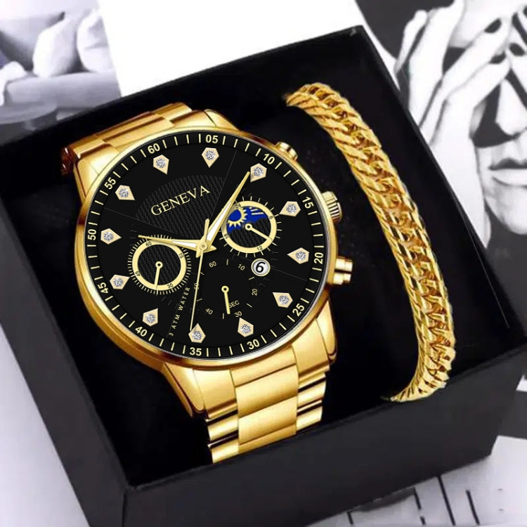 Men's style scale calendar Quartz watch lovers gift Rhinestone Inlay Alloy steel strip male wrist watch CRRSHOP men gold watch holiday gifts