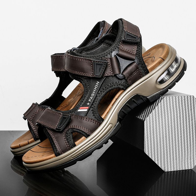 Men's Genuine Leather Sandals, Casual Beach Shoes with Air Cushion Sole, Adjustable Hook-and-Loop Straps, 3 Colors Available, EU Sizes 41-45