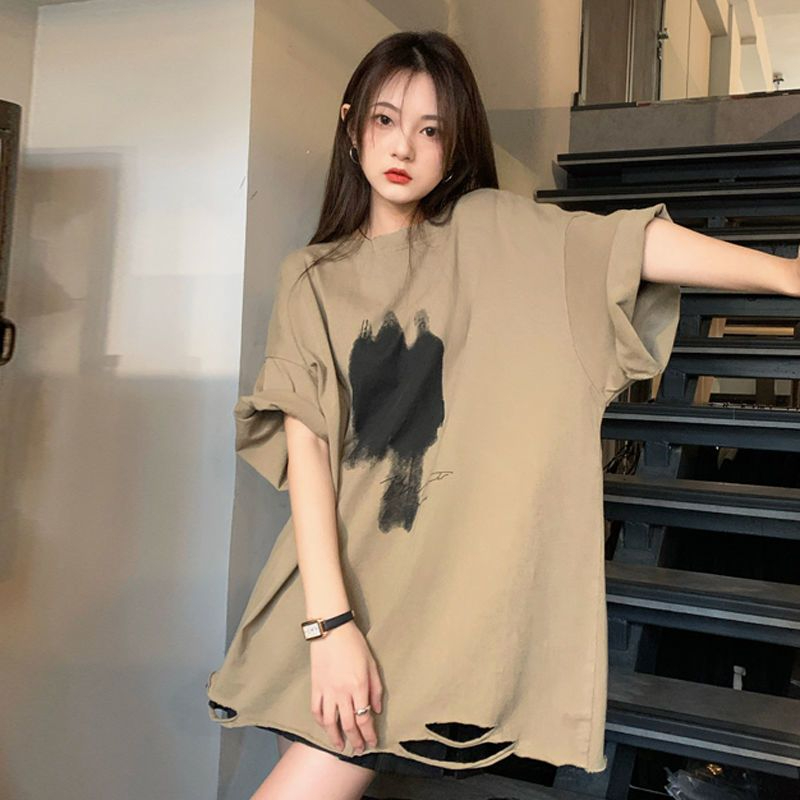 B3 YFF-194 Women's Ripped Short Sleeve T-Shirt Loose Casual Top