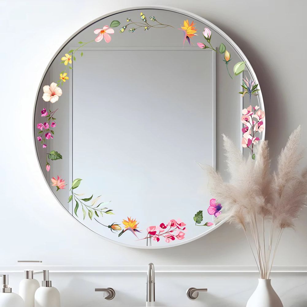 MS068 Floral Mirror Stickers Flower Wall Decals Peel and Stick Room Aesthetic Bathroom and Bedroom Decor for Girls Home Art Decoration
