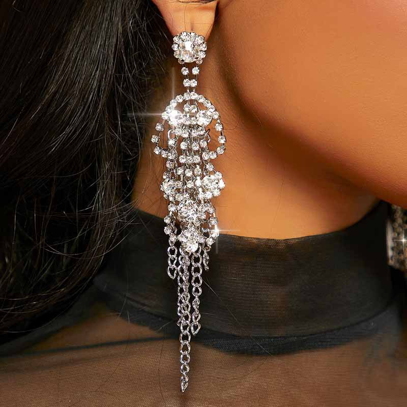 20482-7 Fashion Silver Color Full Rhinestone Drop Earrings Oversize Long Tassel Crystal Earrings for Women Jewelry Accessories