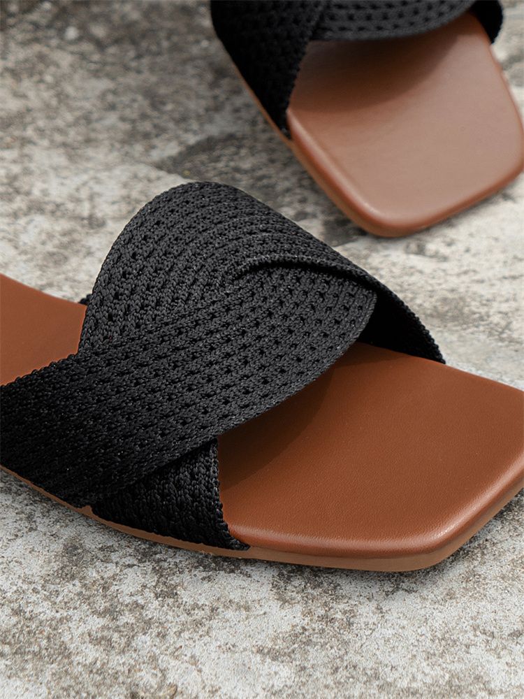 2025 Summer New Cross-Strap Square Toe Flip Flops Women's Large Size Fabric Flat Beach Sandals