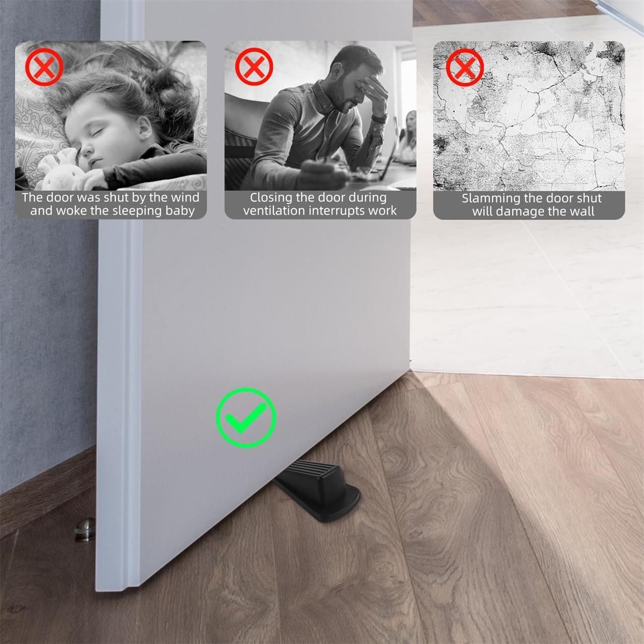 Door Stoppers for Bottom of Door on Floor, Premium Rubber Door Stopper Wedge, Floor Sturdy Stackable Door Stops for Carpet Heavy Duty Door, Door Gaps, Black