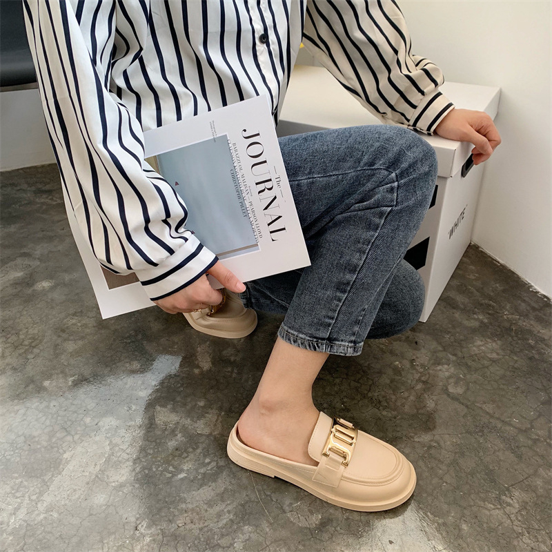 leather loafers Women's round-toe casual shoes Half-slippers for girls platform sandals