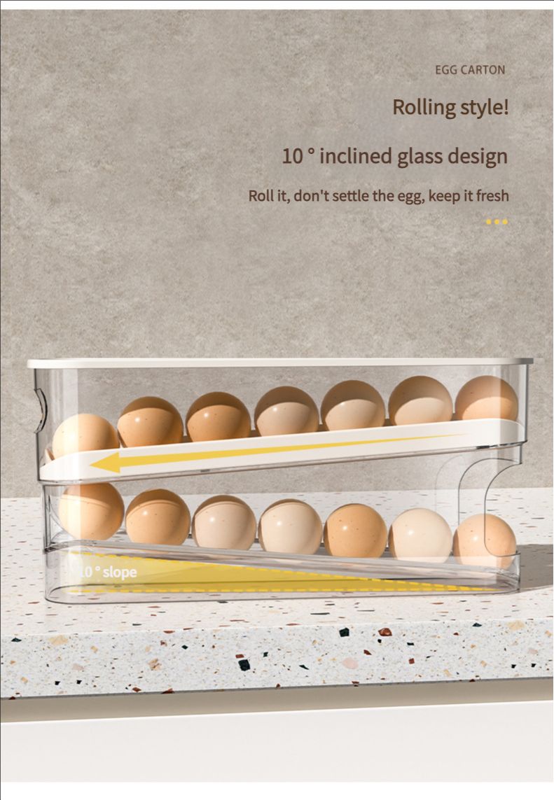 Egg box storage refrigerator with food grade rolling egg rack, kitchen preservation side door, refrigerator storage box with lid