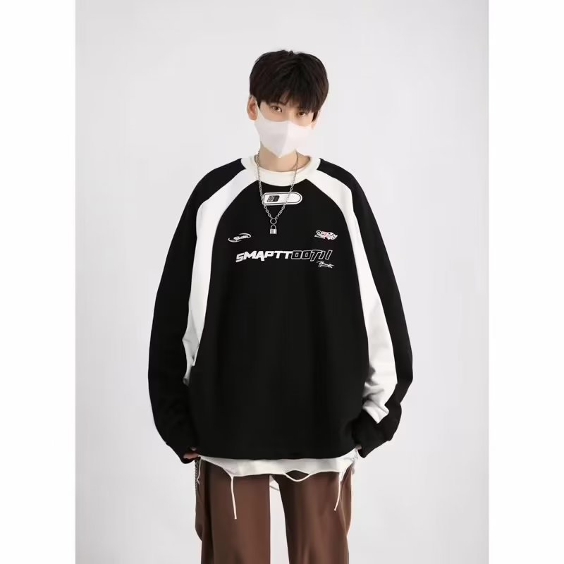 Men's Spring and Autumn New Retro Loose Long-Sleeved Top, Round Neck Patchwork Top