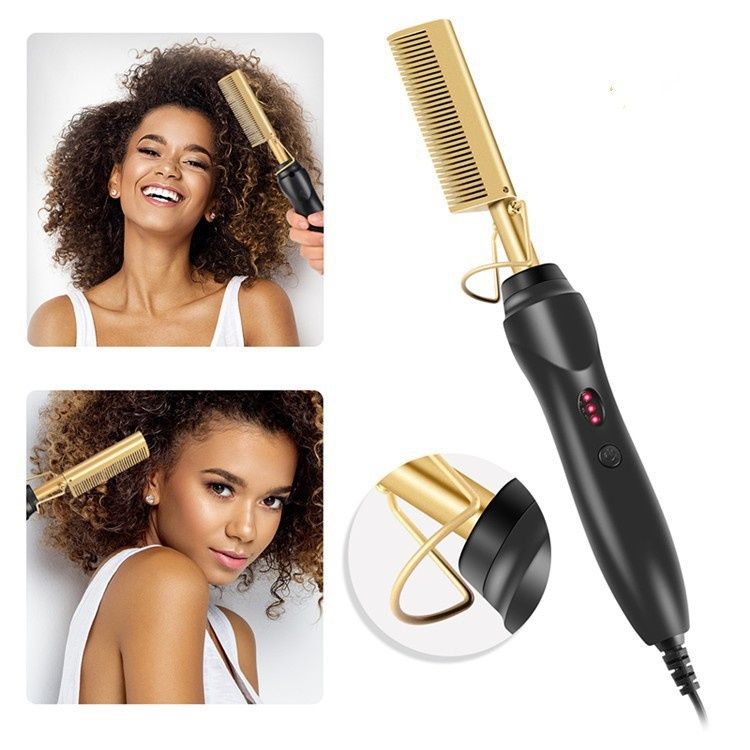 Hair Straightener Comb, Wet & Dry Dual-Use Heating Comb for Bangs, Household Electric Straightening Curling Iron, Copper Tooth Design 2-in-1 Straightening and Curling Styling Tool
