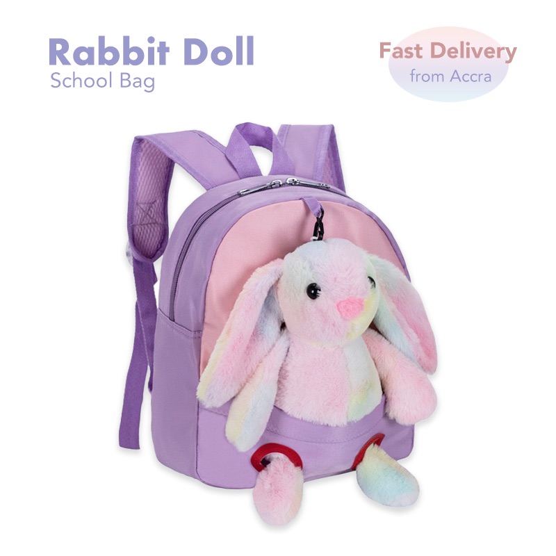 School Bag, Backpack with Rabbit Doll, Bag with Toy, Book Bag for Kids, Girls, Kindergarten, Furry Bunny Doll, Purple 
