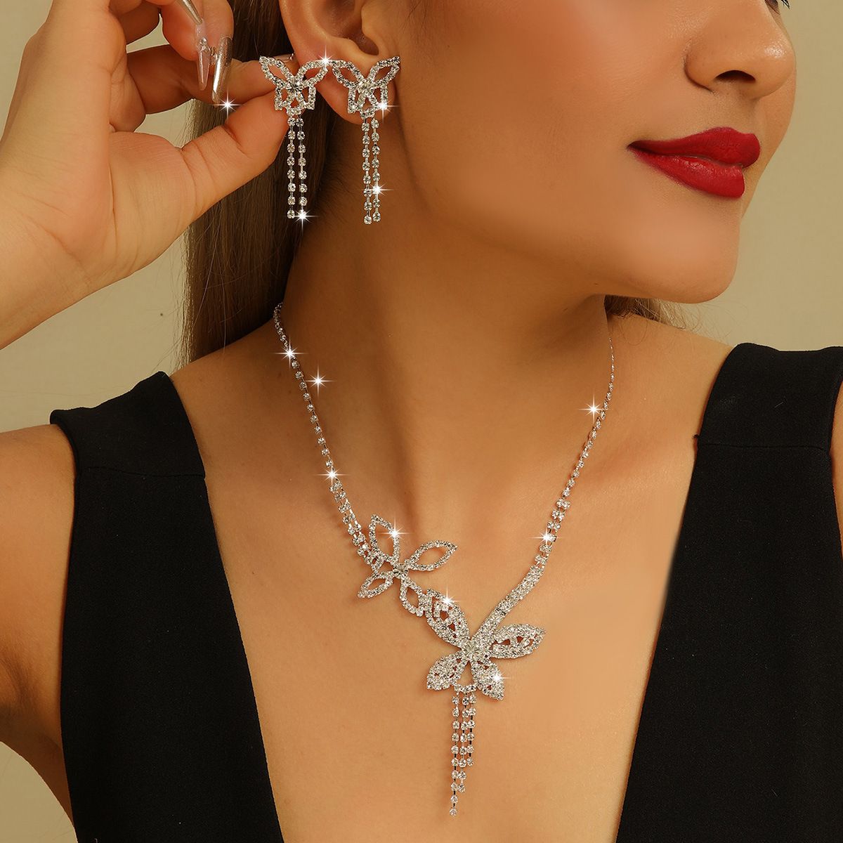 Elegant Bridal 2-Piece Cubic Zirconia Jewelry Set, Adjustable Silver Collarbone Necklace Adorned With Hollow Butterfly Motifs and Dangling Rhinestone Tassels, Matching Butterfly-Shaped Tassel Drop Earrings, Intricate Prong-Set Sparkling Crystals, Delicate Ornaments Made to Match Wedding Dresses and Formal Evening Outfits, Suitable for Wedding Ceremonies, Grand Banquets, Prom Parties, Romantic Photoshoots and Date Occasions, Lovely Stylish Gift Jewelry Choices for Women for All Sorts of Festive Celebrations
