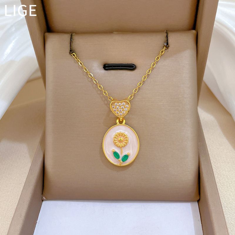 Women Two‑Layer Pendant Necklace, Pave Cubic Zircon Heart Charm & Oval Shell Enamel Sunflower Pendant, Titanium Steel Chain Clavicle Necklace, Elegant Luxury Floral Fashion Jewelry for Daily Dating Banquet Party Ladies Gift