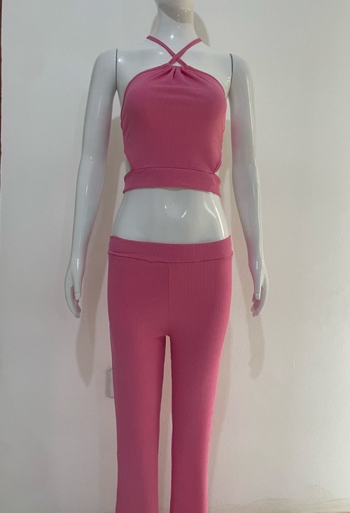 Suspenders pleated slim fit two-piece set Spice girl pleated suspenders, slacks set solid color knitted split top + bootcut slim turned-up trousers
