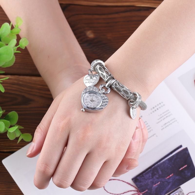 Digital Watch Heart-Set Diamond Bracelet Watch Gold Silver Rhinestone Love Quartz Watch