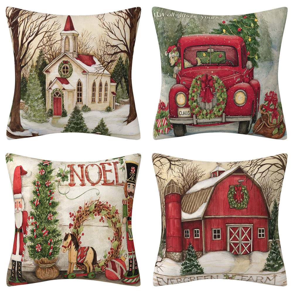SAO-01 Merry Christmas Cotton Linen Throw Pillow Cover Vintage Farm Truck Car Carrying Xmas Trees Gifts Holiday Country Farmhouse Decorative Pillow Cases Cushion Cover 