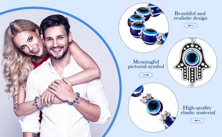 Huadeer Evil Eye Beaded Charm Bracelets Blue Eye Bead Hamsa Stretch Bracelet Hand of Fatima Turkish Lucky Bracelet for Women Men for Protection and Blessing