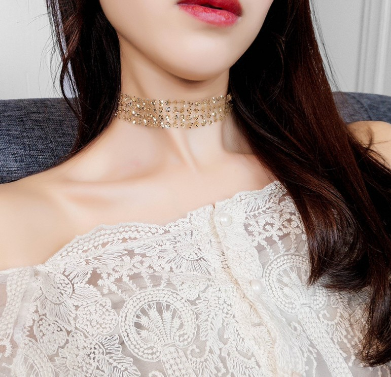SC63991 Shining Lace Glitter Choker Wide Glitter Transparent Choker Gold Choker Necklace Bohemia Choker Thin Fabric Choker Necklace Jewelry for Women and Girls
