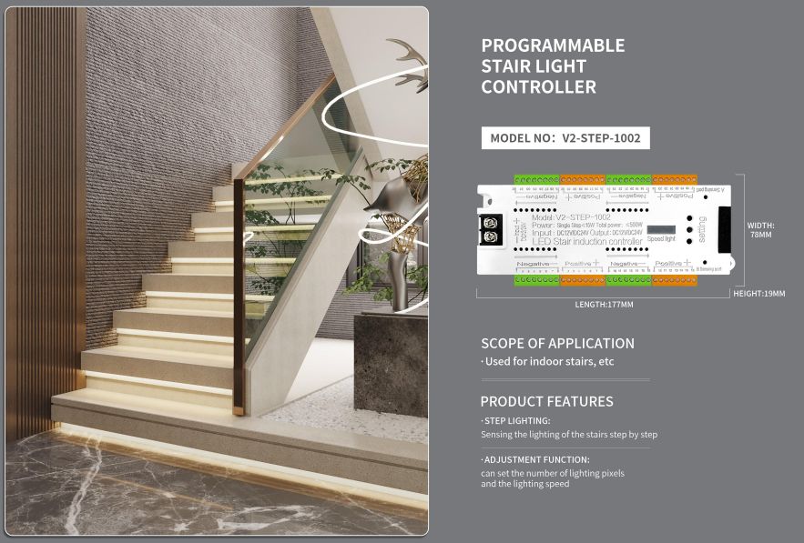 32 Channel Motion Sensor LED Stair Controller Automatic Staircase Lighting Controller Short Circuit Proof Stairway Step Light Controller Adjustable Brightness for Indoor Under Stair Lighting model 1002