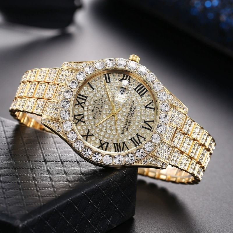 Diamond studded men's watch, gold filled with diamonds, calendar quartz watch CRRSHOP free shipping Wrist Watch Father's Day Gift