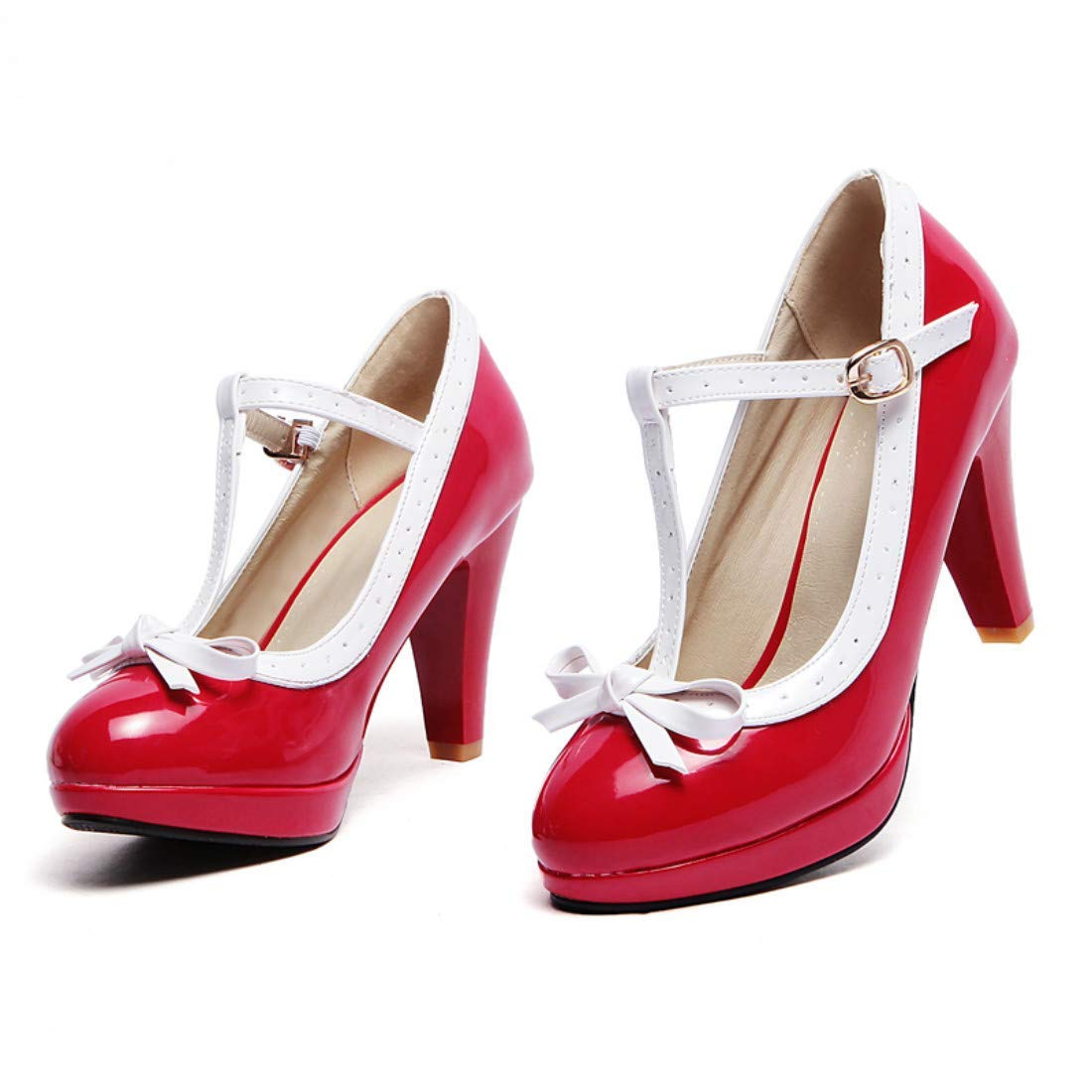87039 women's t-shaped suspender heels bow platform round toe heels leather