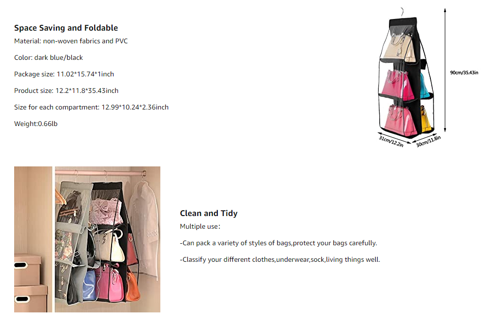 Hanging Handbag Organizer Dust-Proof Storage Holder Bag Wardrobe Closet for Purse Clutch with 6 Larger Pockets Grey